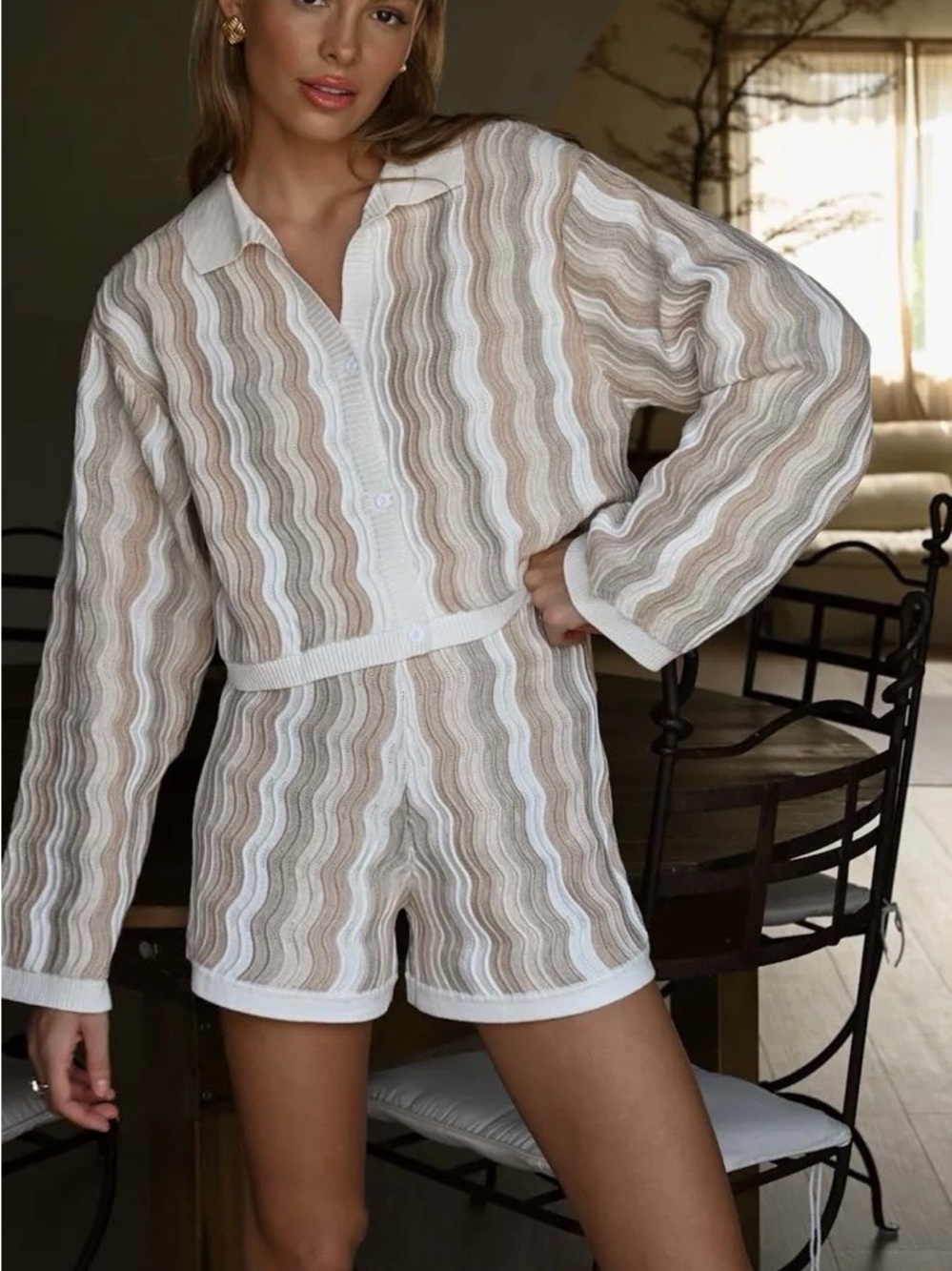 Sheer Wave-Stripe Button-Front Short Set in Beige & White